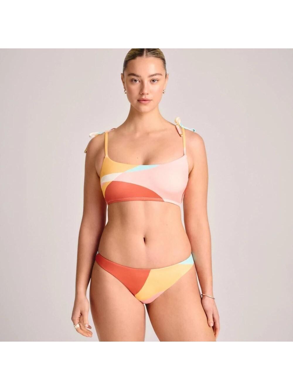 Vitamin a Women's Shoulder Tie Bralette Bikini Top Multi Stained Glass Print XL